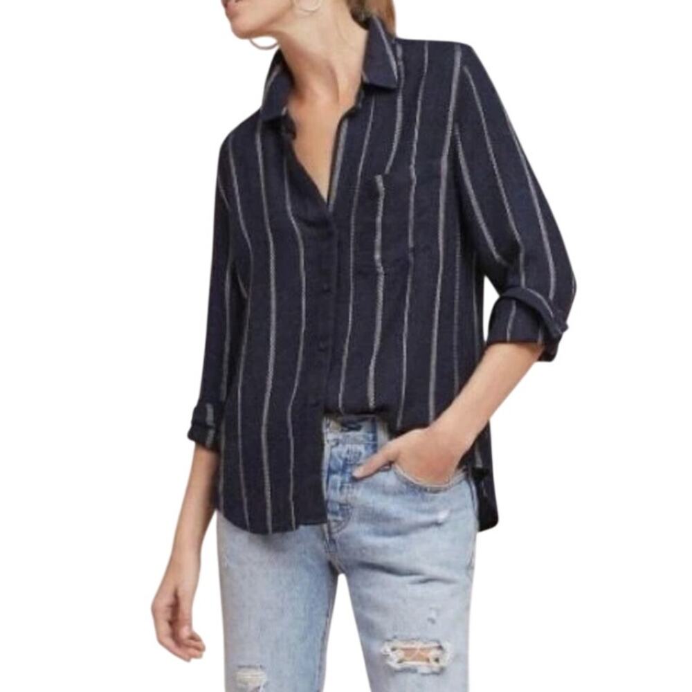 Anthropologie CLOTH & STONE Navy Soft Stripe Button Down Small Cozy Casual